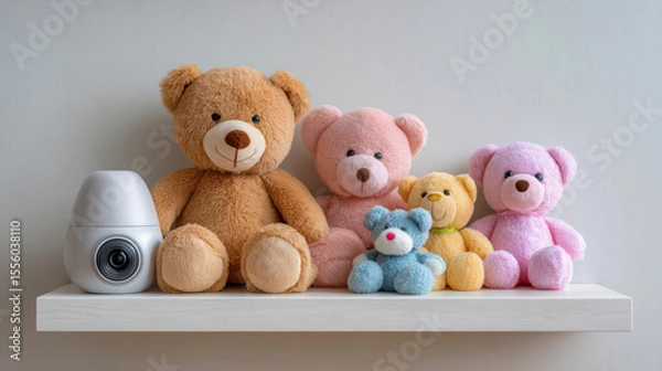 Fototapeta Ethical Concepts of Social Media and Privacy. A collection of colorful teddy bears in various sizes neatly arranged on a white floating shelf next to a modern white camera.