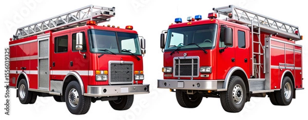 Obraz Red Emergency Fire Truck with Ladder Front View, isolated on transparent background PNG