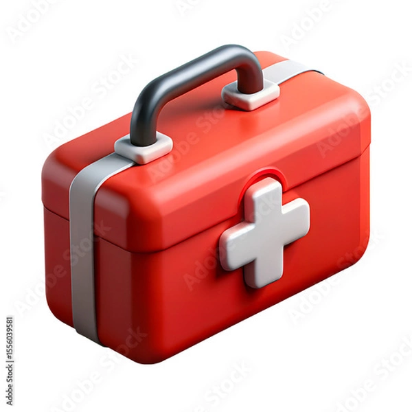 Obraz High-quality 3D illustration of a modern, stylized first aid kit isolated on transparent background. Rendered red box with white cross and handle on top, slightly angled.