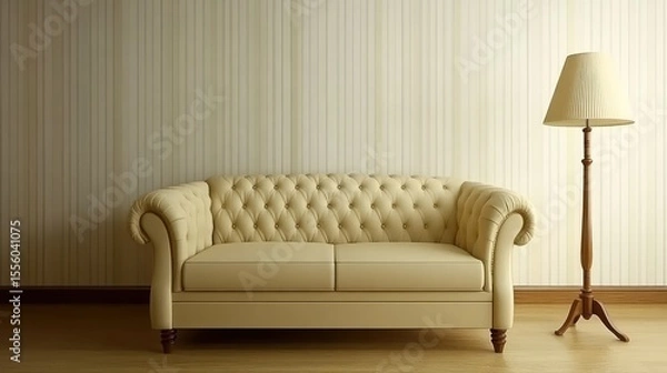 Obraz Light beige sofa and floor lamp in a room with light beige striped wallpaper.