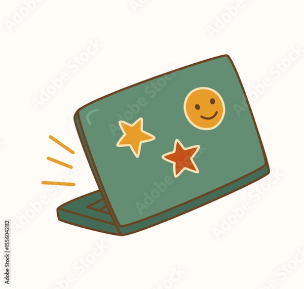 Fototapeta A cute vector illustration of a laptop with fun stickers, perfect for modern tech themes, stationery, social media graphics, and educational content.