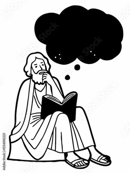 Fototapeta Contemplative Scholar Reading Ancient Text Black and White Illustration