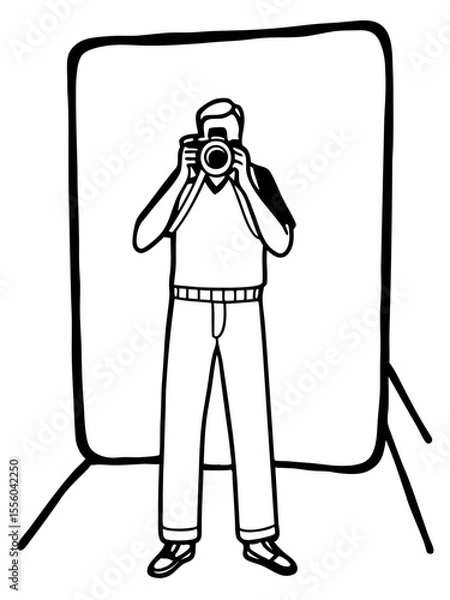 Fototapeta Photographer Taking Pictures in a Studio Setting A Black and White Illustration