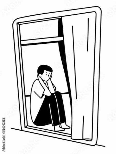 Fototapeta Solitary Figure Contemplating from Train Window A Black and White Illustration