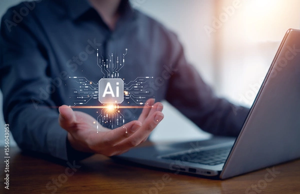 Fototapeta Ai technology, Businessman show technology smart robot AI, artificial intelligence deep learning, Technology smart robot AI agents.