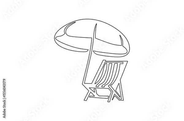 Obraz Continuous one line drawing of Beach chair lounger with umbrella. Single line drawing illustration of Beach umbrella and chair. Summer vacation by the sea concept vector art. Doodle line illustration.