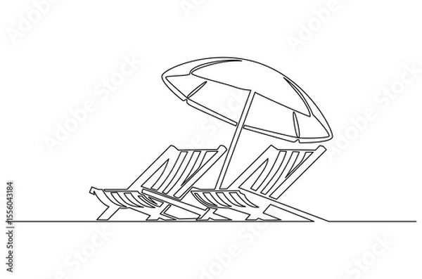 Obraz Continuous one line drawing of Beach chair lounger with umbrella. Single line drawing illustration of Beach umbrella and chair. Summer vacation by the sea concept vector art. Doodle line illustration.