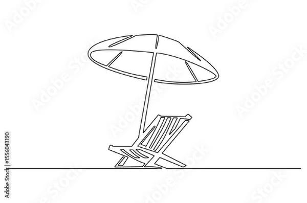 Obraz Continuous one line drawing of Beach chair lounger with umbrella. Single line drawing illustration of Beach umbrella and chair. Summer vacation by the sea concept vector art. Doodle line illustration.