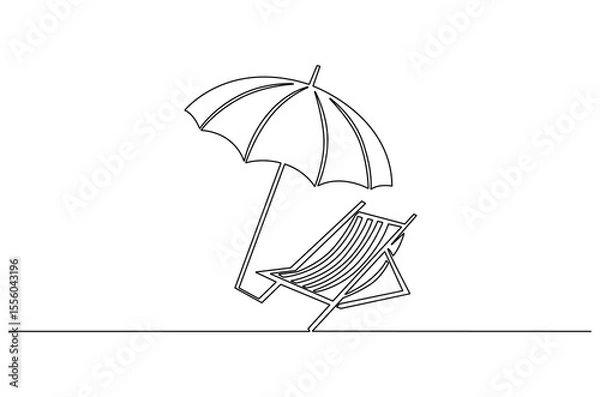 Obraz Continuous one line drawing of Beach chair lounger with umbrella. Single line drawing illustration of Beach umbrella and chair. Summer vacation by the sea concept vector art. Doodle line illustration.