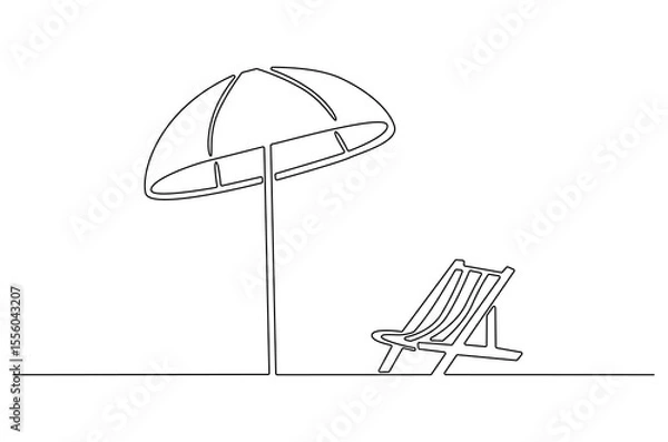 Obraz Continuous one line drawing of Beach chair lounger with umbrella. Single line drawing illustration of Beach umbrella and chair. Summer vacation by the sea concept vector art. Doodle line illustration.