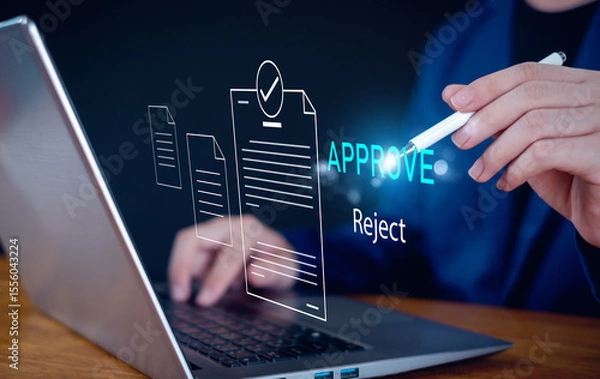Fototapeta Approved, accept, pass inspection, Businessman writing or tick correct mark to approve document and project concept.