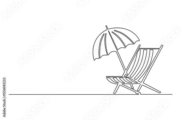 Obraz Continuous one line drawing of Beach chair lounger with umbrella. Single line drawing illustration of Beach umbrella and chair. Summer vacation by the sea concept vector art. Doodle line illustration.