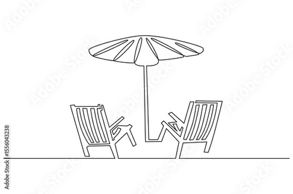 Obraz Continuous one line drawing of Beach chair lounger with umbrella. Single line drawing illustration of Beach umbrella and chair. Summer vacation by the sea concept vector art. Doodle line illustration.