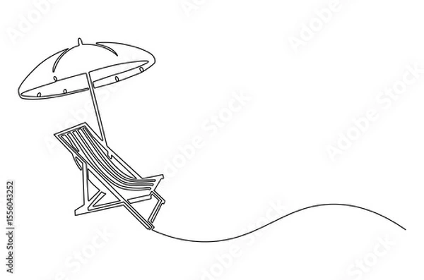 Obraz Continuous one line drawing of Beach chair lounger with umbrella. Single line drawing illustration of Beach umbrella and chair. Summer vacation by the sea concept vector art. Doodle line illustration.