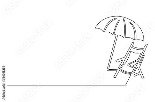 Obraz Continuous one line drawing of Beach chair lounger with umbrella. Single line drawing illustration of Beach umbrella and chair. Summer vacation by the sea concept vector art. Doodle line illustration.