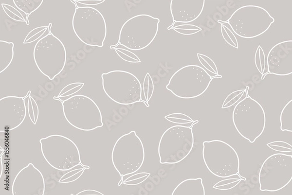 Fototapeta Lemon isolated on a beige background. White outline drawing. Seamless pattern under clipping mask, convenient for editing. Fruits background for paper, textile, gift wrap.