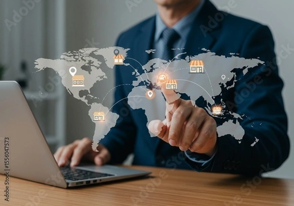 Fototapeta Digital Marketing Strategy and Global Commerce Network Visualization