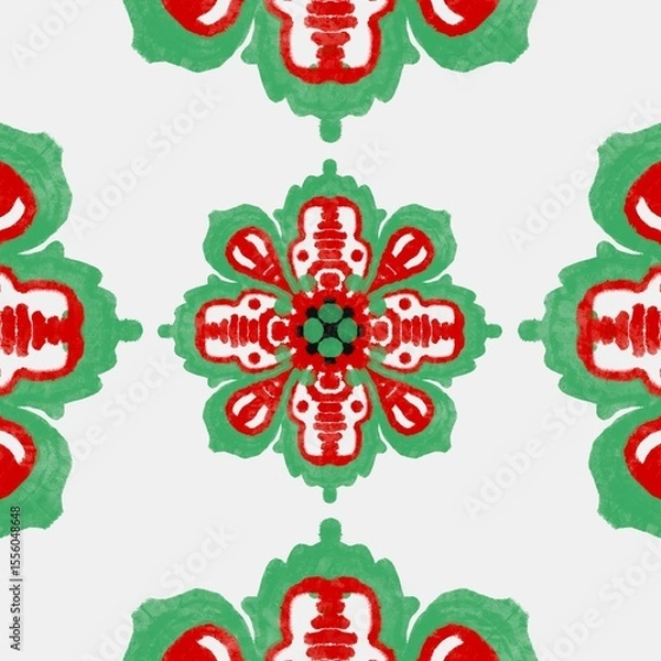 Fototapeta Red and Green Floral Mandala Pattern Seamless Repeat