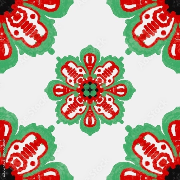 Fototapeta Red and Green Floral Kaleidoscope Pattern Seamless Repeat