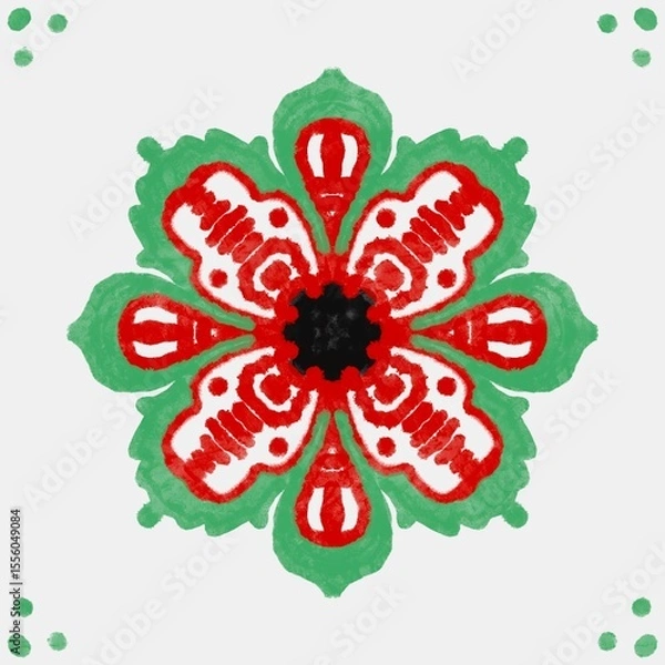 Fototapeta Red and Green Floral Mandala Design, Symmetrical Pattern