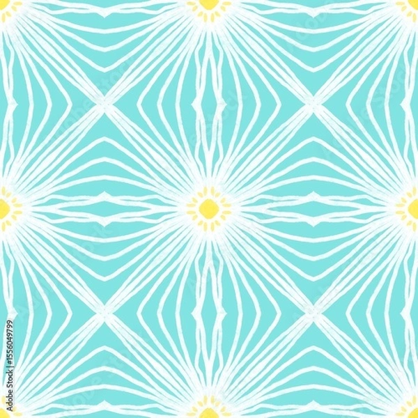 Fototapeta Seamless Teal and White Geometric Pattern with Flower Motifs