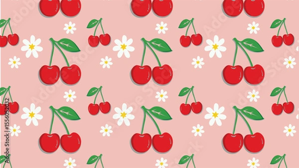 Fototapeta  seamless cherry and daisy pattern on pink background