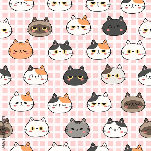 Obraz Cute cat face cartoon seamless pattern kids background, Adorable cat pattern wallpaper