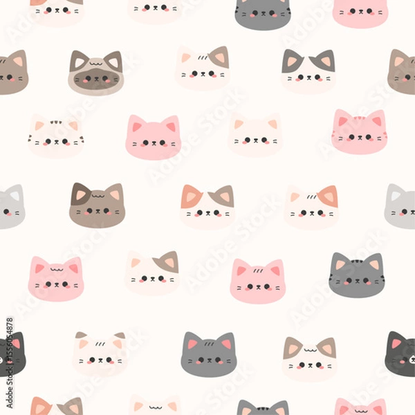 Obraz Cute cat face cartoon seamless pattern kids background, Adorable cat pattern wallpaper