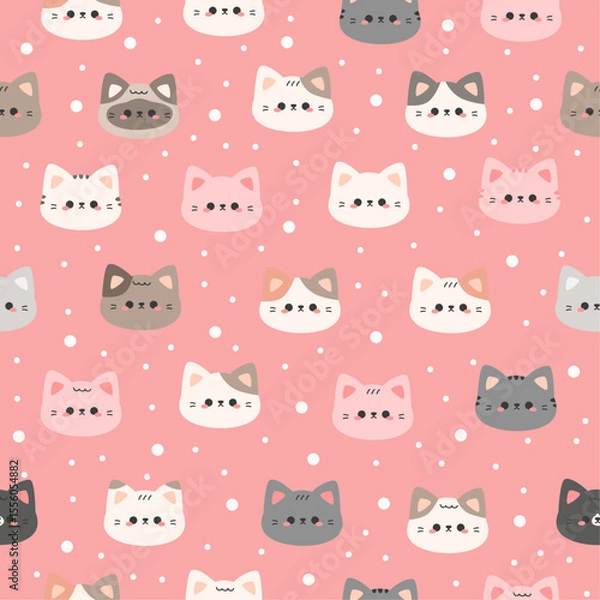 Obraz Cute cat face cartoon on pink seamless pattern kids background, Adorable cat pattern wallpaper