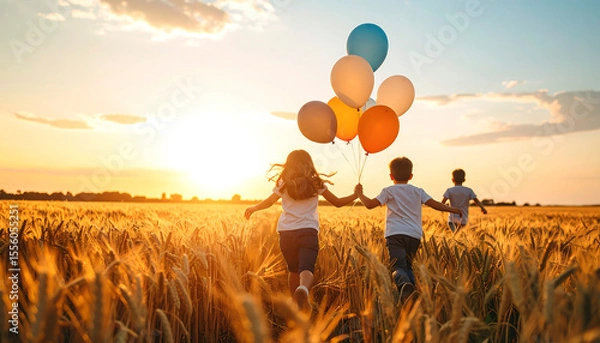 Fototapeta Children run with balloons in a wheat field during sunset, enjoying the warmth and freedom of a golden summer evening.