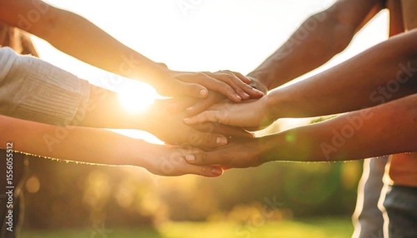 Fototapeta Diverse group joins hands together outside symbolizing teamwork, unity, collaboration, and success in a warm, sunny outdoor environment.