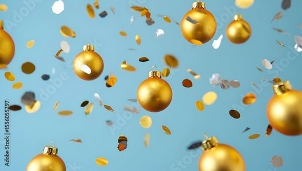 Fototapeta Multiple shiny golden Christmas baubles float and hover in mid-air against a soft pastel blue background 