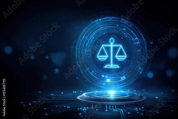 Fototapeta AI Ethical Governance Concepts. A futuristic digital scale of justice hologram glows in blue, symbolizing law, balance, and fairness in a high-tech virtual environment.
