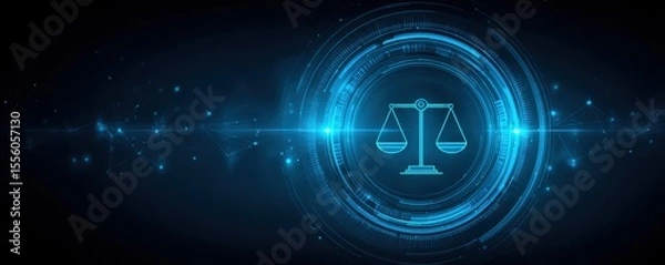 Fototapeta AI Ethical Governance Concepts. Digital blue scales of justice icon surrounded by futuristic circular interface elements on a dark background with glowing network connections.