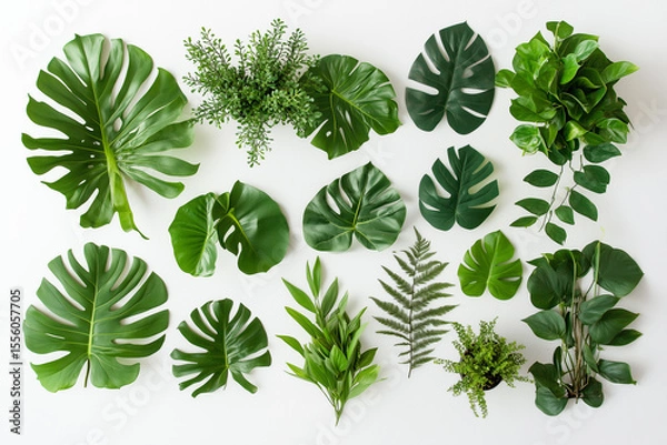 Fototapeta A vibrant collection of green leaves forming a natural pattern, perfect for a botanical illustration or summer design