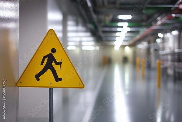 Fototapeta Yellow caution sign with an arrow symbol on an airport terminal way for pedestrian traffic direction and warning of danger