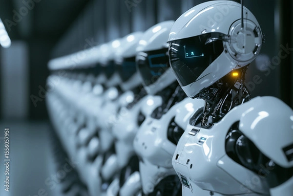 Fototapeta Closeup of a powerful metal robot in a helmet and goggles with a chrome engine, ready for speed and transport