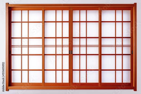 Fototapeta Traditional Japanese interior with a red-roofed wooden window frame and glass, perfect for illustrating home architecture