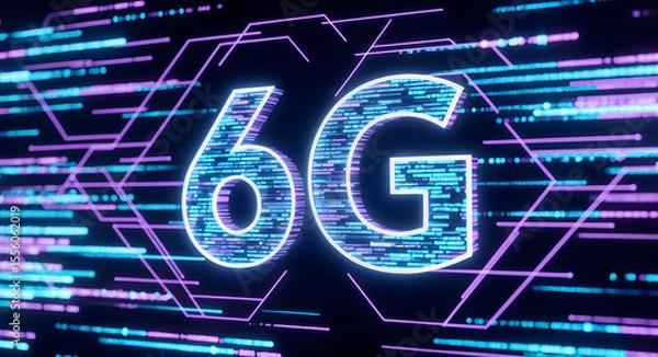 Obraz Futuristic digital 6G network technology concept with glowing text