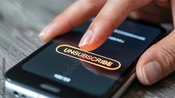 Fototapeta Unsubscribe from Notifications: A finger hovers over the "unsubscribe" button on a phone screen, highlighting the act of opting out from unwanted digital communications.