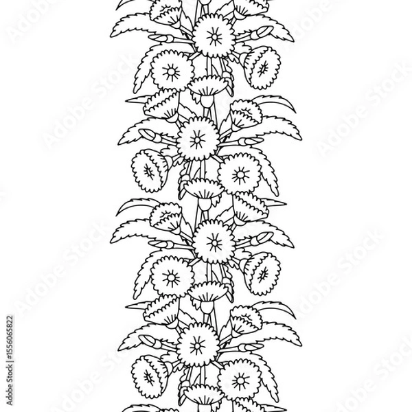 Fototapeta Stripe pattern with black and white line art canary islands flowers Tree Sonchus. Floral vertical seamless border with monochrome hand drawn millefleur style botanicals. Vector illustration