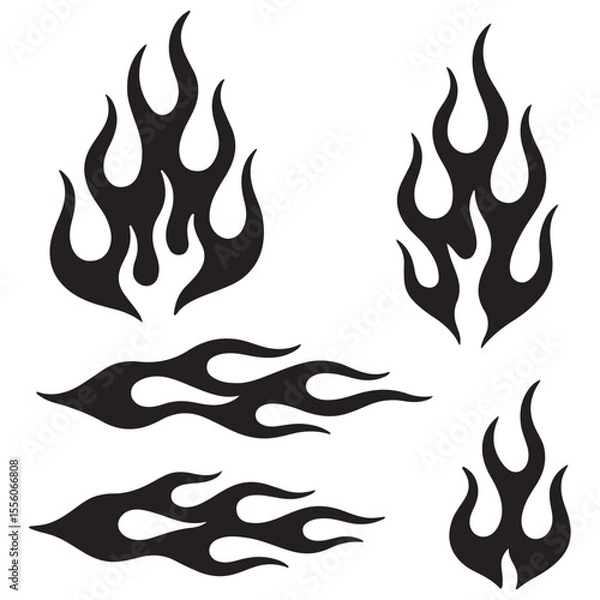 Fototapeta  Black and white flame silhouette and outline style. Retro fire aesthetics, with flames.Flame silhouettes in 
classic 90s style, motorcycle and hot rod car style. Vector set