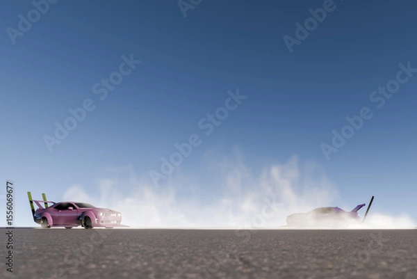 Obraz ピンク色と青色の2台の改造車でドーナツターンとドリフトするイメージ
