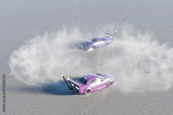 Fototapeta ピンク色と青色の2台の改造車でドーナツターンとドリフトするイメージ
