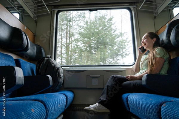 Obraz Mujer sentada cómodamente en vagón de tren en movimiento hablando felizmente por teléfono
