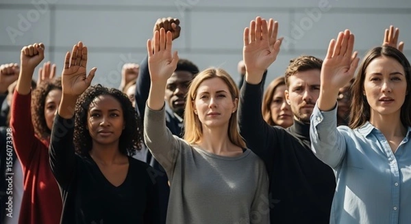 Fototapeta Diverse Crowd Raising Hands in Unity A Powerful Image of Collective Action