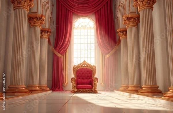 Fototapeta Regal Throne Room: A majestic throne awaits in a sunlit palace hall, bathed in golden light and rich fabrics.