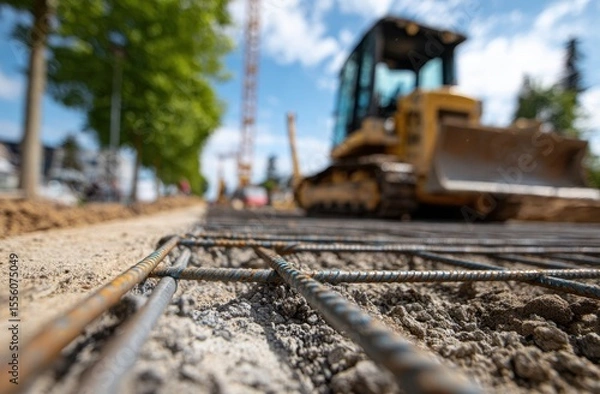 Fototapeta Reinforcement bars set in fresh concrete, a bulldozer waits nearby on a sunny construction site.