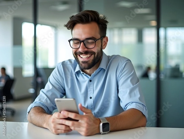 Fototapeta Man wearing glasses smiles while looking at his phone smiling technology