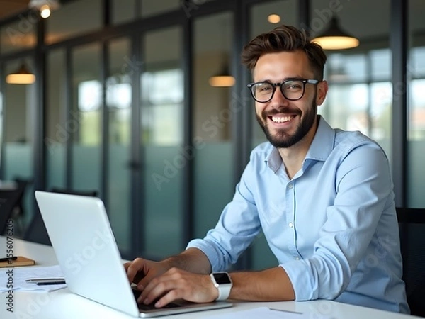 Fototapeta Smiling man with glasses working on laptop in modern office beard blue